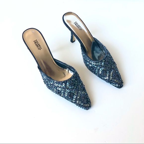 Valenti Franco Ruffles Blue Sequin Mule Heels - Picture 10 of 12